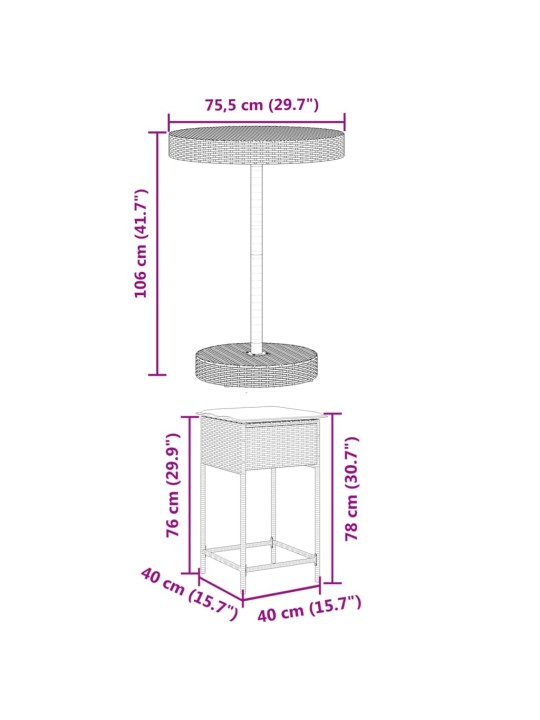 5-osaline aiabaari komplekt patjadega, pruun, polürotang