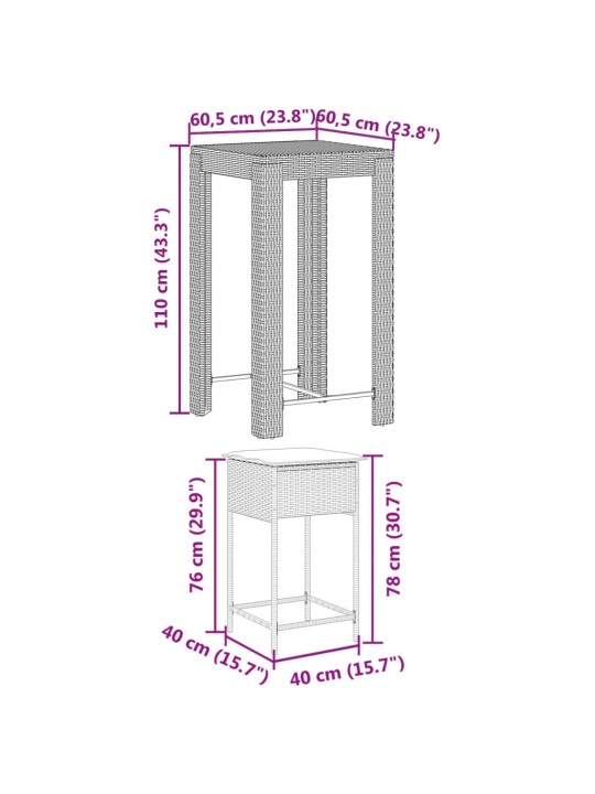 3-osaline aiabaari komplekt patjadega, polürotang, pruun