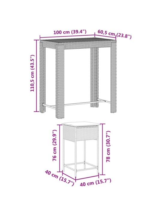 5-osaline aiabaari komplekt patjadega, pruun, polürotang