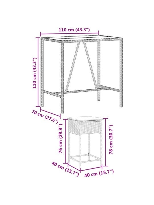 5-osaline aiabaari komplekt patjadega, pruun, polürotang