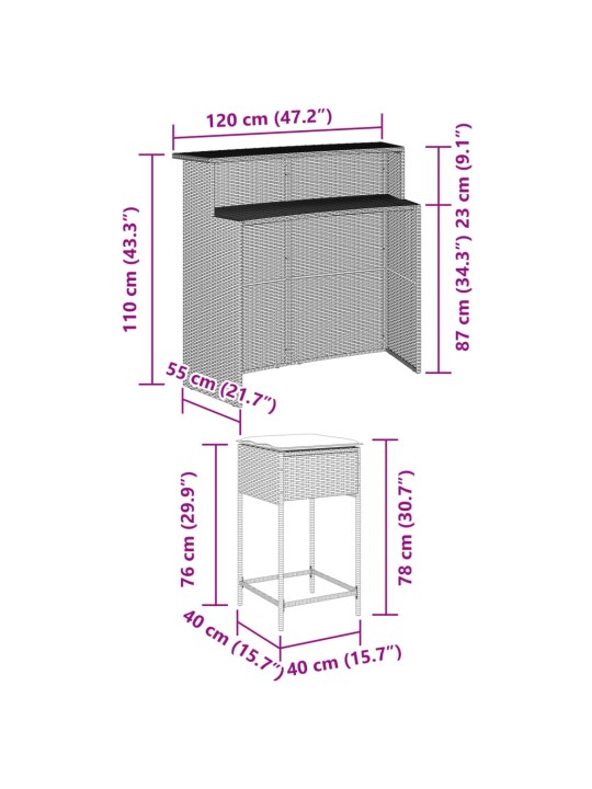 3-osaline aiabaari komplekt patjadega, polürotang, pruun