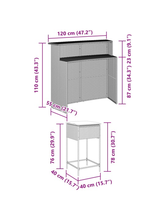 5-osaline aiabaari komplekt patjadega, pruun, polürotang