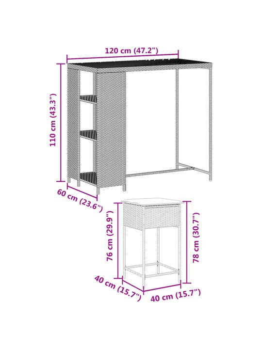 3-osaline aiabaari komplekt patjadega, polürotang, pruun