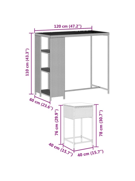 5-osaline aiabaari komplekt patjadega, pruun, polürotang