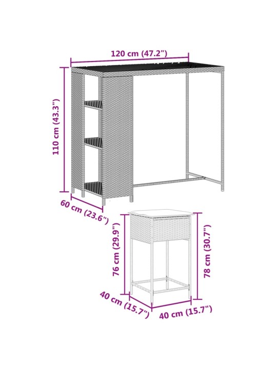 3-osaline aia baarikomplekt patjadega, polürotang, hall