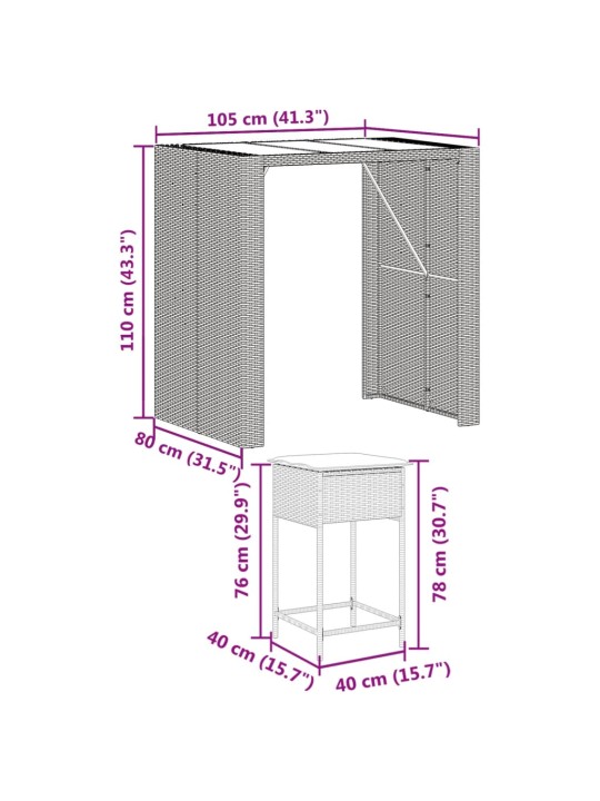 5-osaline aiabaari komplekt patjadega, pruun, polürotang