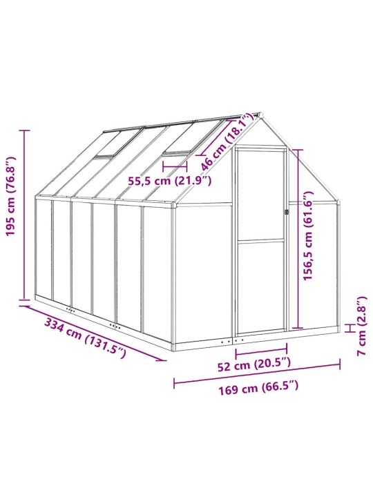 Kasvuhoone alusraamiga, hõbedane, 334x169x195 cm, alumiinium