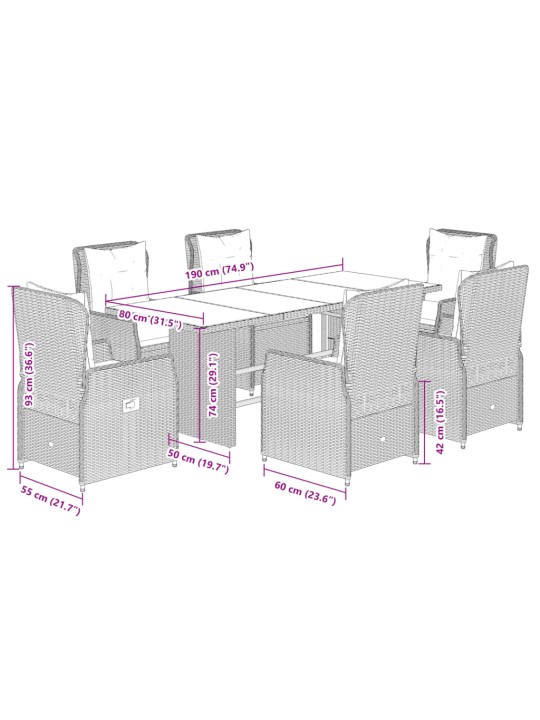 7-osaline aia söögimööbli komplekt patjadega, pruun, polürotang