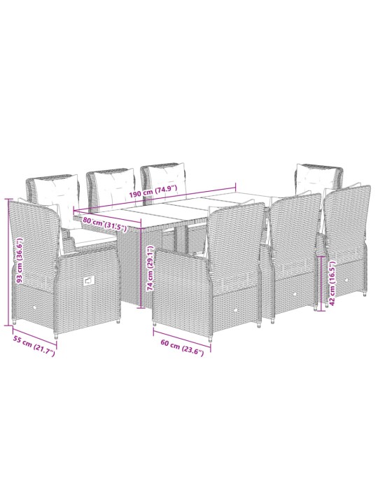 9-osaline aia söögimööbli komplekt patjadega, pruun, polürotang