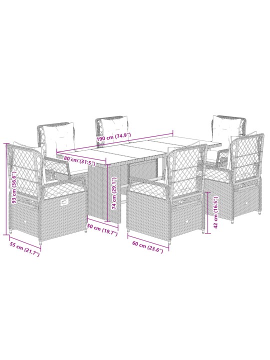 7-osaline aia söögimööbli komplekt patjadega, pruun, polürotang
