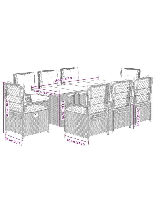 9-osaline aia söögimööbli komplekt patjadega, pruun, polürotang