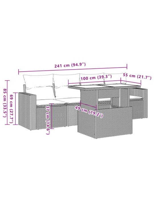 5-osaline aiamööblikomplekt istmepatjadega, polürotang, hall