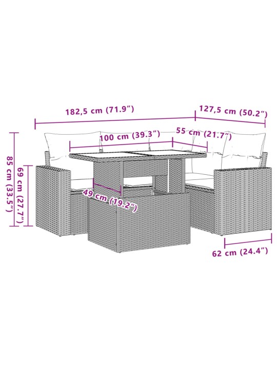 5-osaline aiamööblikomplekt istmepatjadega, polürotang, hall