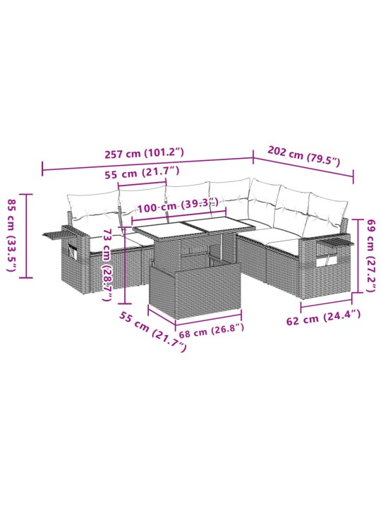 7-osaline aiadiivani komplekt patjadega, hall, polürotang