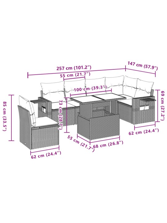 7-osaline aiadiivani komplekt patjadega, hall, polürotang