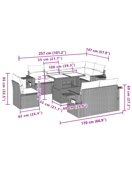 9-osaline aiadiivani komplekt patjadega, hall, polürotang