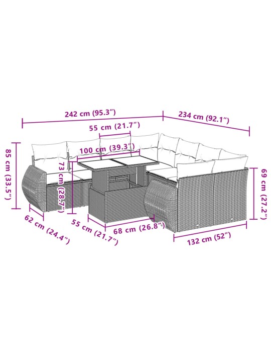 9-osaline aiadiivani komplekt patjadega, hall, polürotang