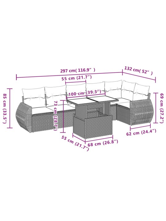 7-osaline aiadiivani komplekt patjadega, hall, polürotang