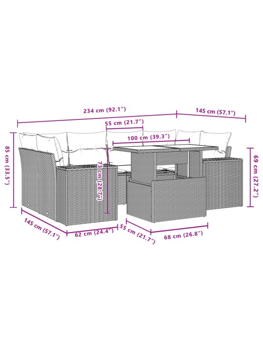 7-osaline aiadiivani komplekt patjadega, hall, polürotang