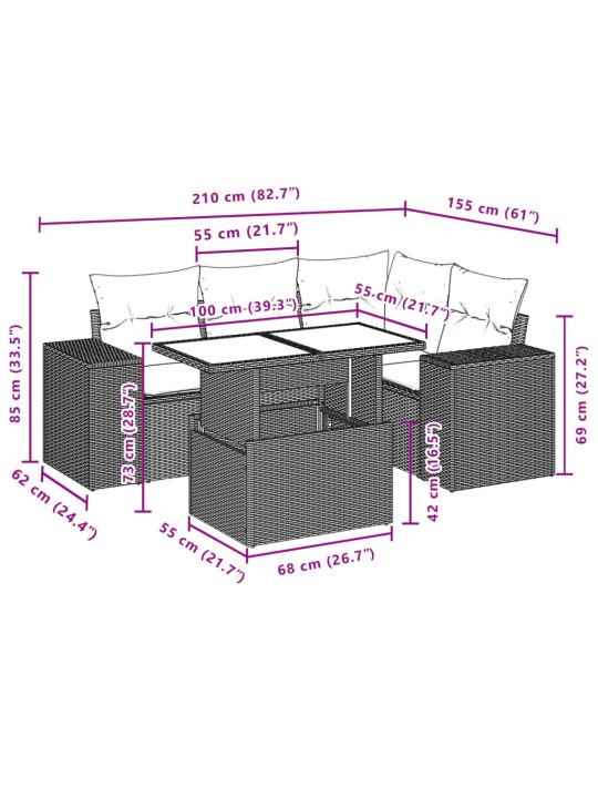 5-osaline aiamööblikomplekt istmepatjadega, polürotang, hall