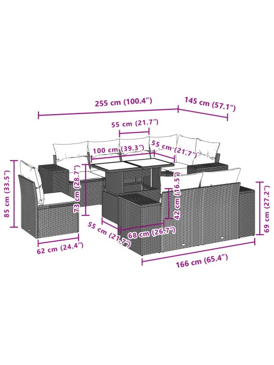 9-osaline aiadiivani komplekt patjadega, hall, polürotang