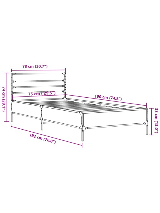 Voodiraam, hall sonoma tamm, 75 x 190 cm, tehispuit ja metall