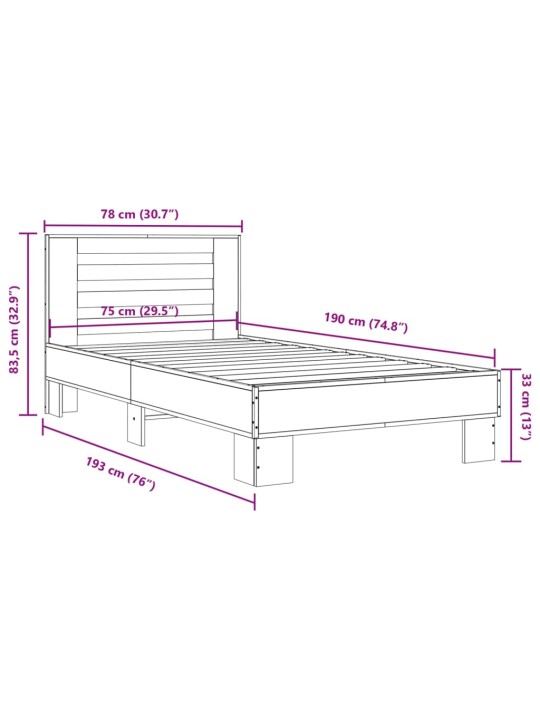 Voodiraam, hall sonoma tamm, 75 x 190 cm, tehispuit ja metall