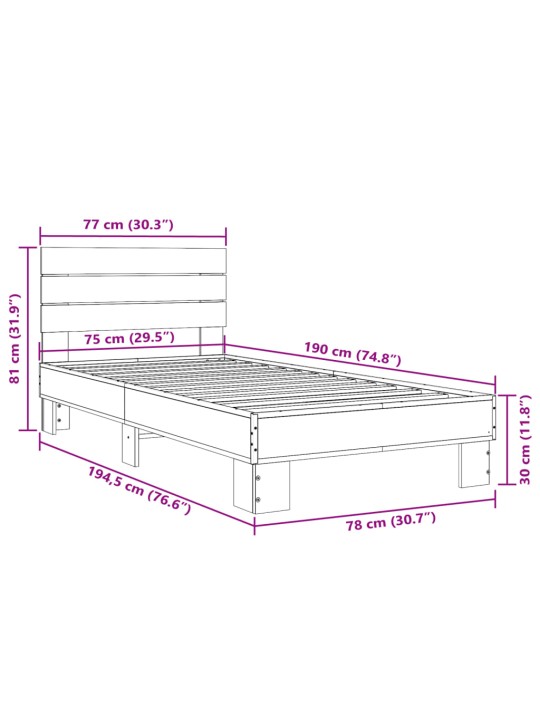 Voodiraam, hall sonoma tamm, 75 x 190 cm, tehispuit ja metall