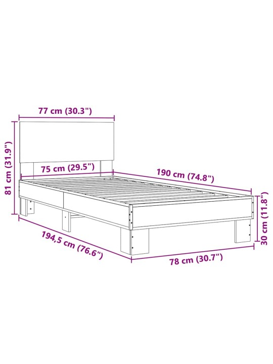 Voodiraam, hall sonoma tamm, 75 x 190 cm, tehispuit ja metall