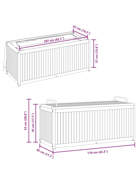Õuepatjade hoiukast, 110x45x42/53 cm, akaatsiapuit ja teras