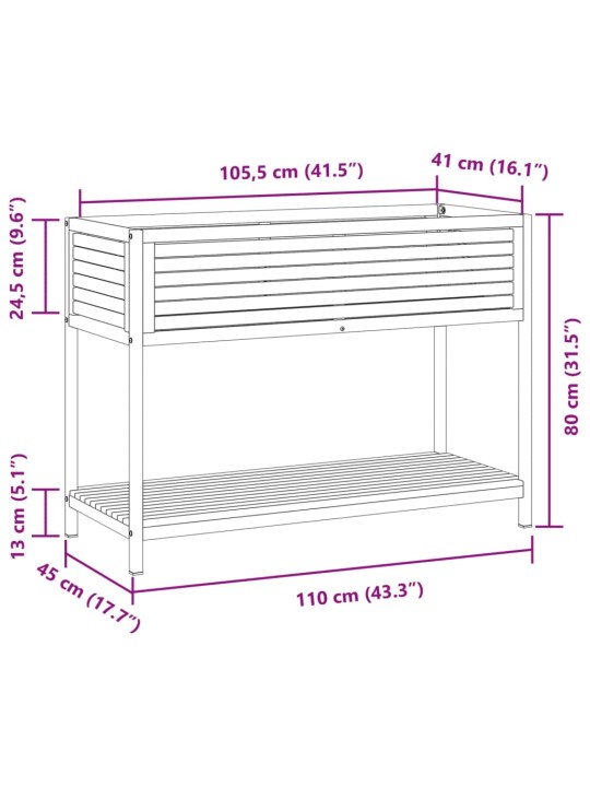 Riiuliga aia taimekast, 110 x 45 x 80 cm, akaatsiapuit ja teras