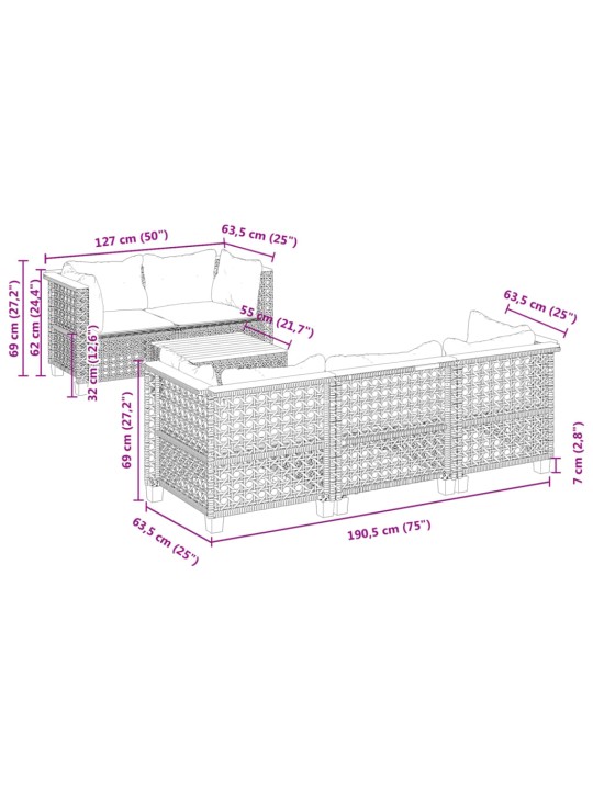 6-osaline aiadiivani komplekt patjadega, must, polürotang