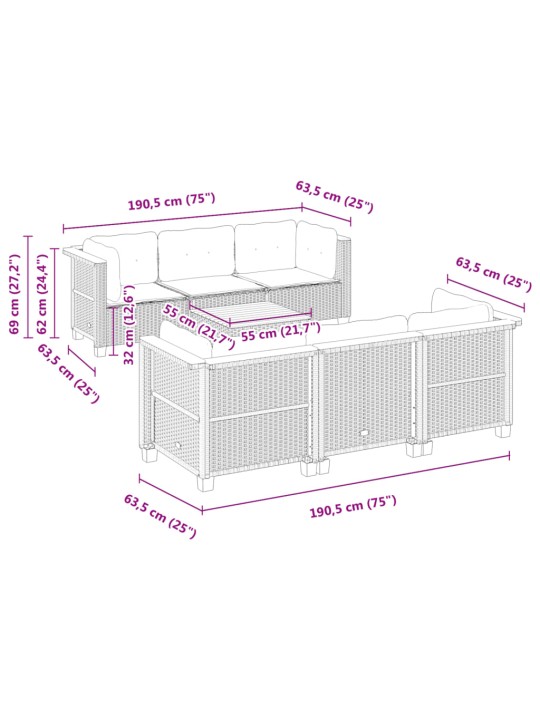 7-osaline aiadiivani komplekt patjadega, hall, polürotang