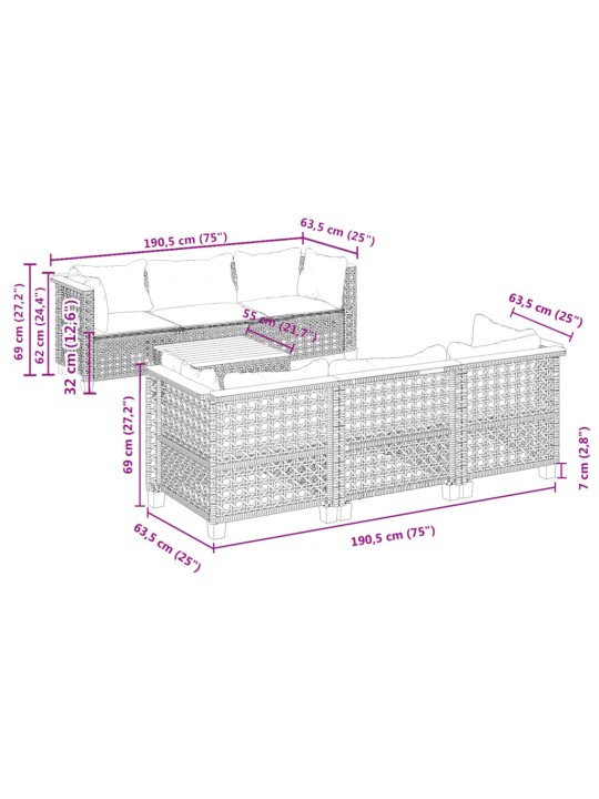 7-osaline aiadiivani komplekt patjadega, hall, polürotang