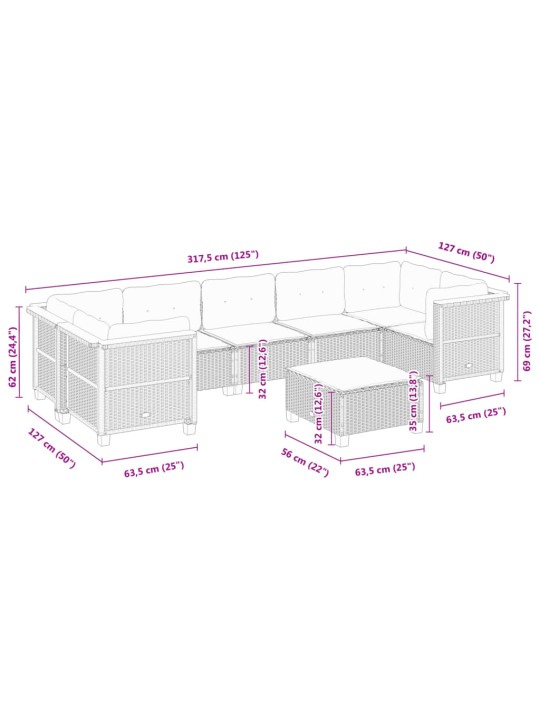 8-osaline aiadiivani komplekt patjadega, hall, polürotang