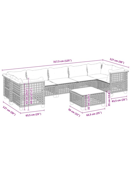 8-osaline aiadiivani komplekt patjadega, hall, polürotang