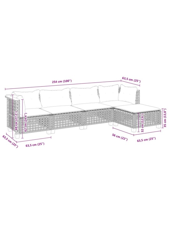 5-osaline aiamööblikomplekt istmepatjadega, polürotang, hall