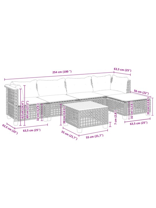 6-osaline aiadiivani komplekt patjadega, hall, polürotang