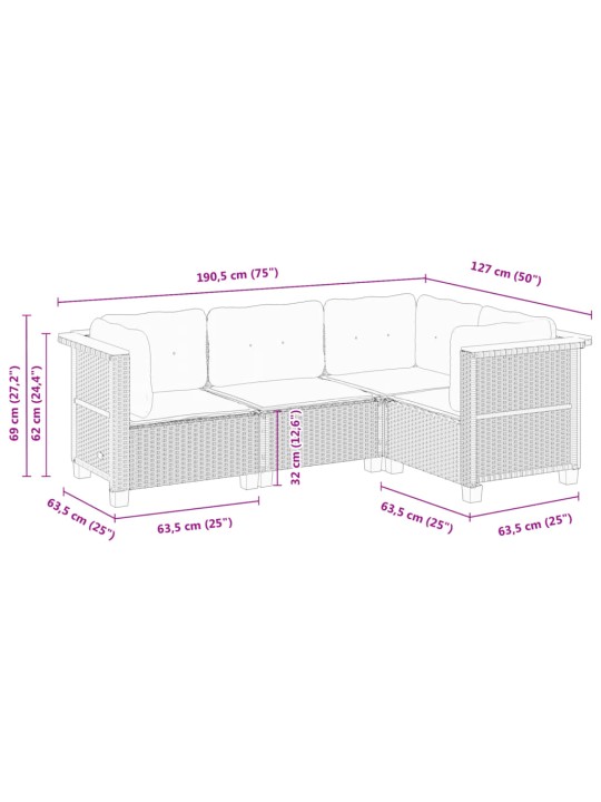 4-osaline aiadiivani komplekt patjadega, must, polürotang