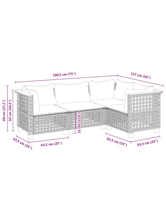 4-osaline aiadiivani komplekt patjadega, must, polürotang