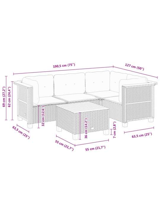 5-osaline aiamööblikomplekt istmepatjadega, polürotang, hall