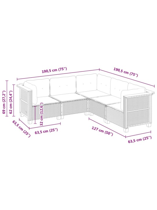 5-osaline aiamööblikomplekt istmepatjadega, polürotang, hall