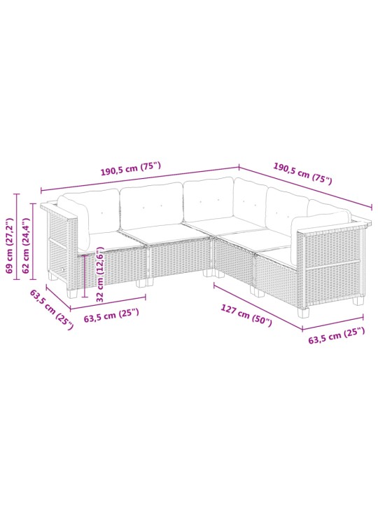 5-osaline aiadiivani komplekt patjadega, beež, polürotang