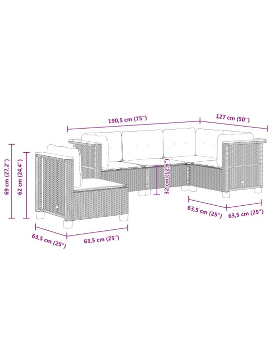 5-osaline aiamööblikomplekt istmepatjadega, polürotang, hall