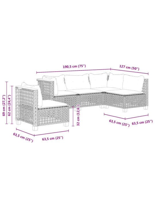 5-osaline aiamööblikomplekt istmepatjadega, polürotang, hall