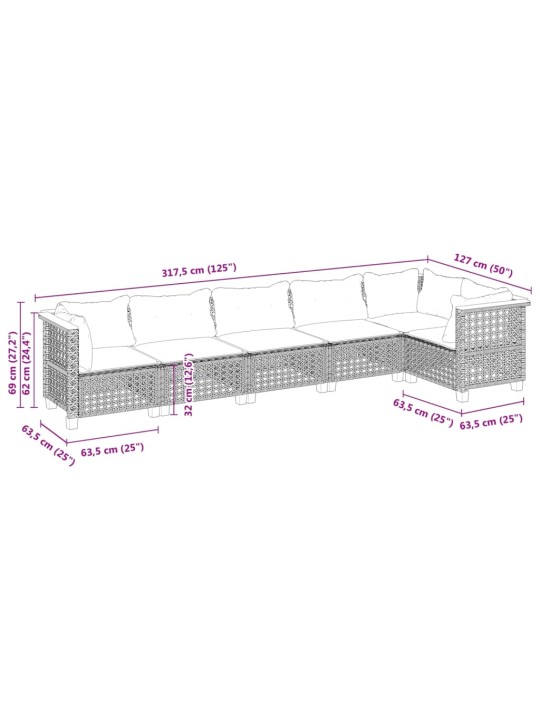 6-osaline aiadiivani komplekt patjadega, hall, polürotang