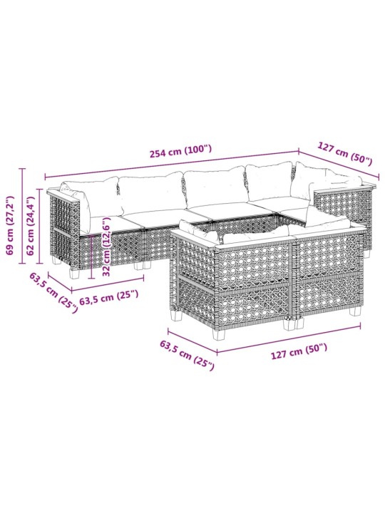 7-osaline aiadiivani komplekt patjadega, hall, polürotang