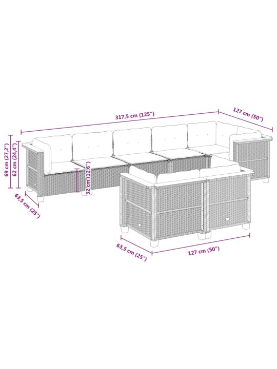 8-osaline aiadiivani komplekt patjadega, hall, polürotang