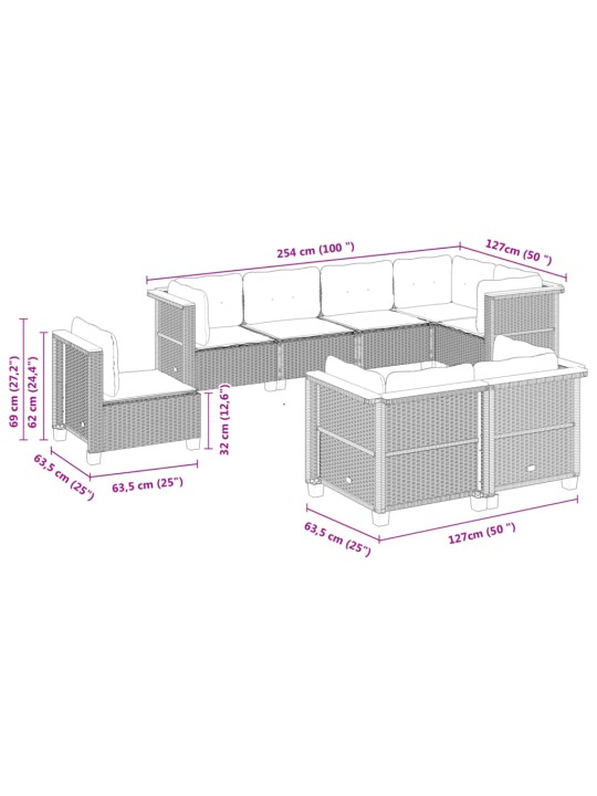 8-osaline aiadiivani komplekt patjadega, hall, polürotang