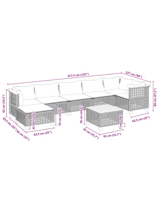 8-osaline aiadiivani komplekt patjadega, hall, polürotang